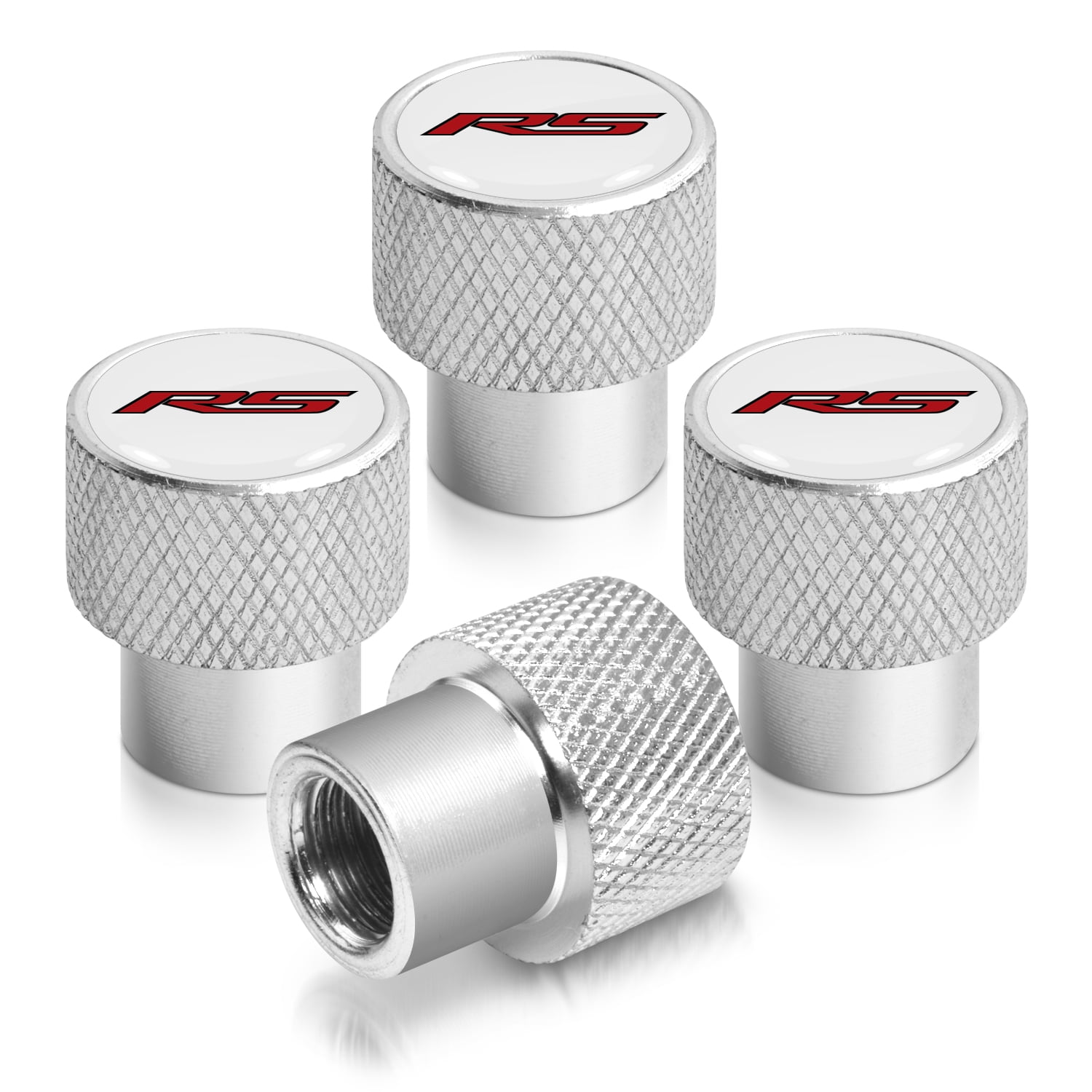 Chevrolet Camaro RS Logo White on Shining Silver Aluminum Tire Valve Stem Caps