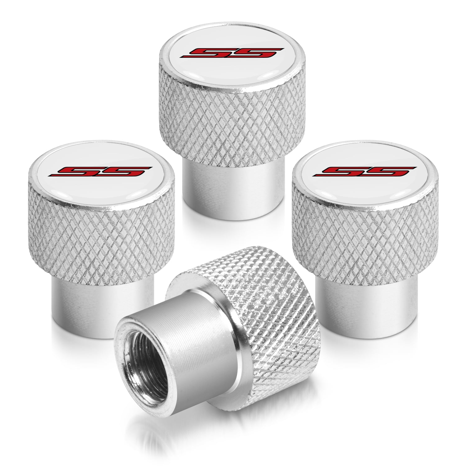 Chevrolet Camaro SS Logo White on Shining Silver Aluminum Tire Valve Stem Caps