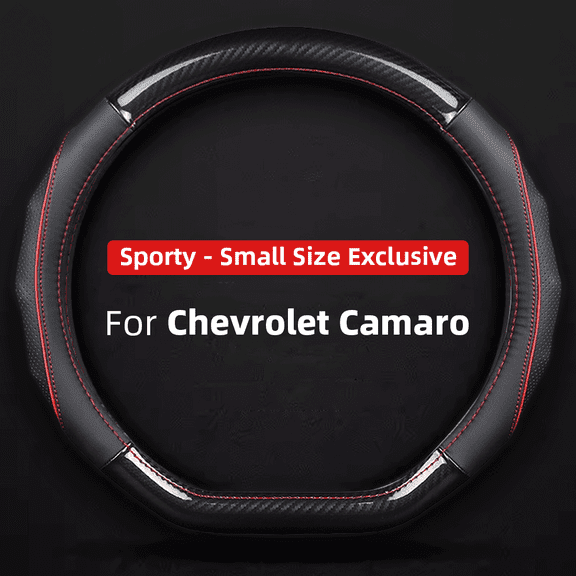 For Chevrolet/Chevy Camaro Flat Bottom Steering Wheel Cover, D Shaped Car Wheel Cover 14-14 1/4 in. (35.5-36 cm), Black with red stitching, carbon fiber and leather Auto Accessories