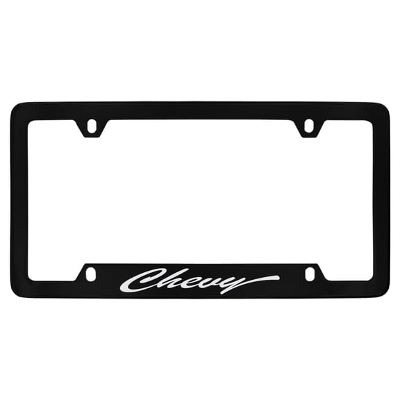 Chevrolet Chevy script wordmark black coated metal license plate frame holder