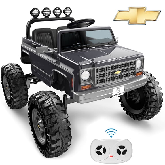 24V 2 Seater Ride on Cars, Licensed Chevrolet Cheyenne Powered Ride on Toys Truck with Remote Control, 4 Wheels Spring Suspension, LED Light, Giftable Electric Cars for Kids Ages 3-8, Grey
