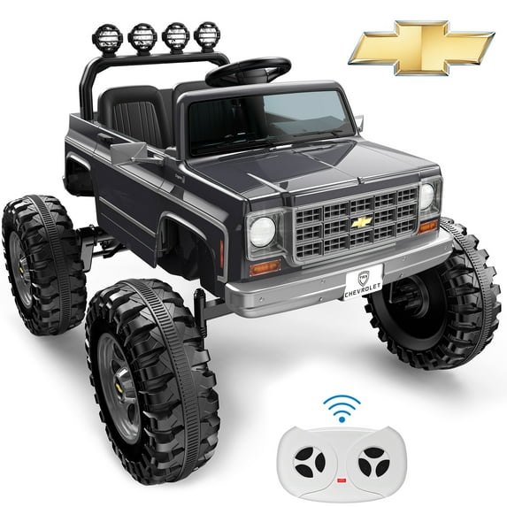 24V 2 Seater Ride on Cars, Licensed Chevrolet Cheyenne Powered Ride on Toys Truck with Remote Control, 4 Wheels Spring Suspension, LED Light, Giftable Electric Cars for Kids Ages 3-8, Grey