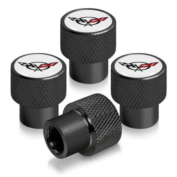 Chevrolet Corvette C5 Logo in White on Black Aluminum Tire Valve Stem Caps
