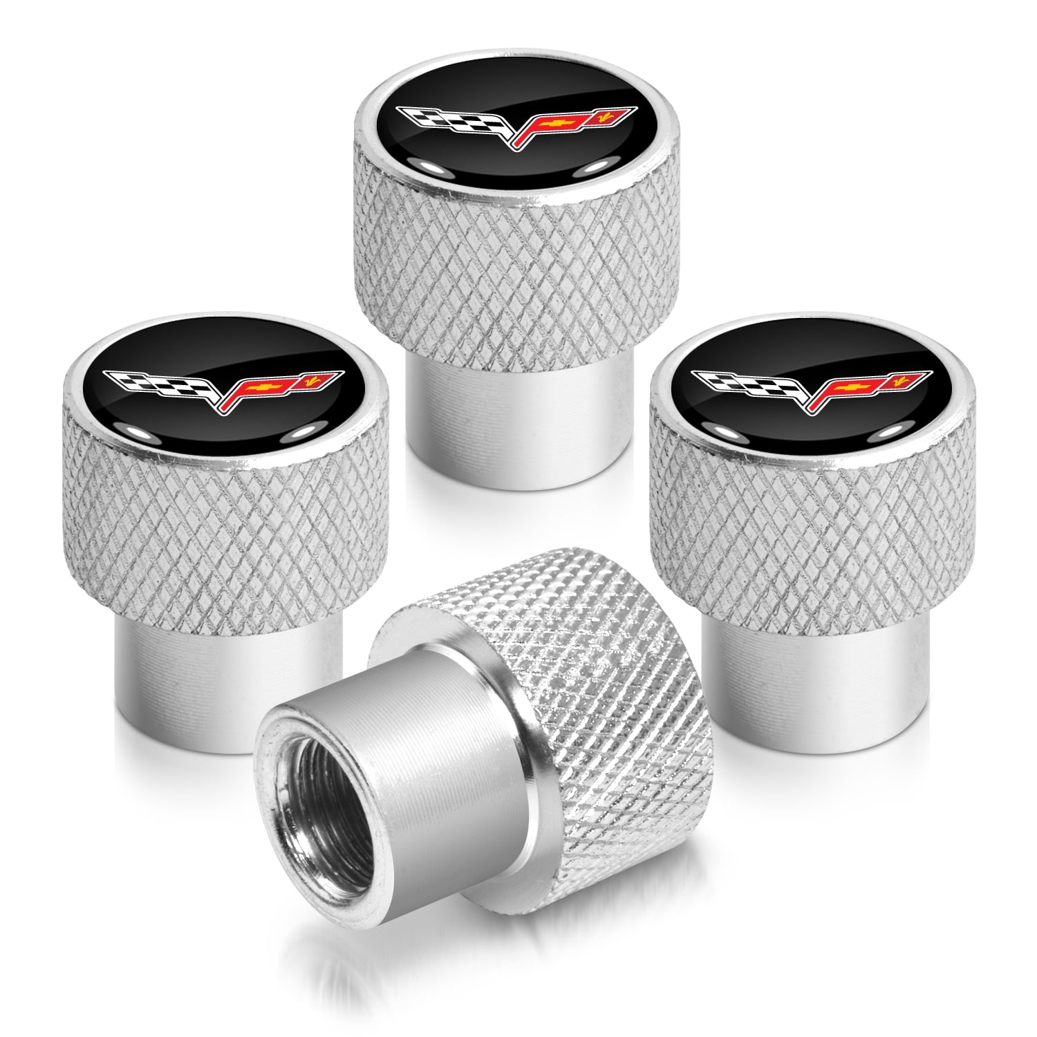 Chevrolet Corvette C6 Logo Black on Shining Silver Aluminum Tire Valve Stem Caps