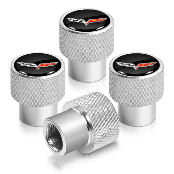 Chevrolet Corvette C6 Logo Black on Shining Silver Aluminum Tire Valve Stem Caps