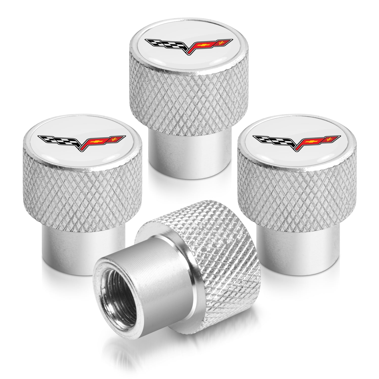 Chevrolet Corvette C6 Logo White on Shining Silver Aluminum Tire Valve Stem Caps