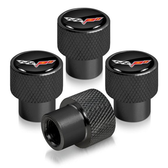 Chevrolet Corvette C6 Logo in Black on Black Aluminum Tire Valve Stem Caps