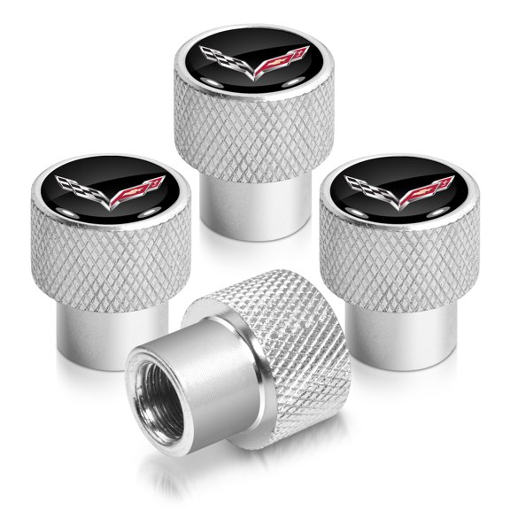Chevrolet Corvette C7 Logo Black on Shining Silver Aluminum Tire Valve Stem Caps
