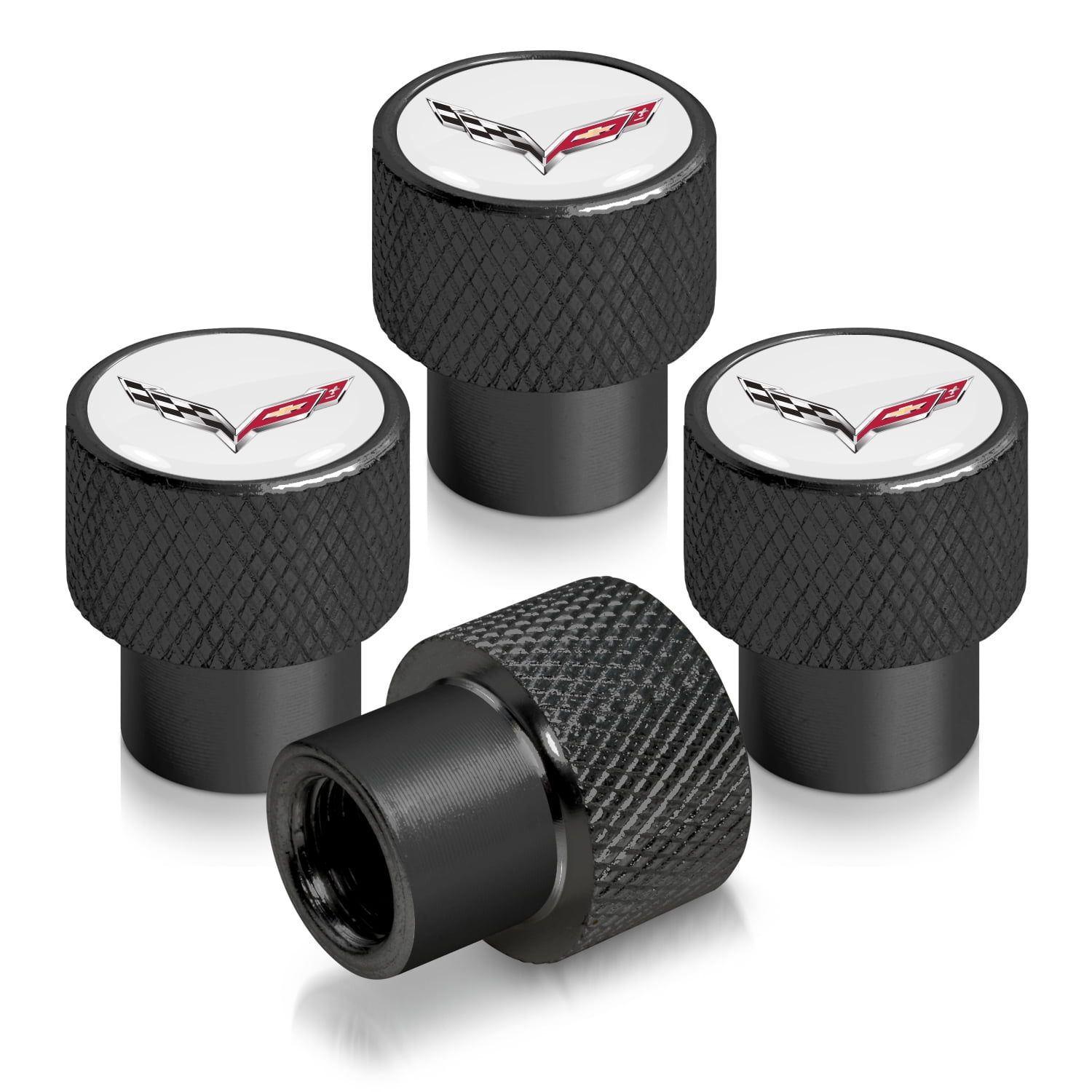 Chevrolet Corvette C7 Logo in White on Black Aluminum Tire Valve Stem Caps