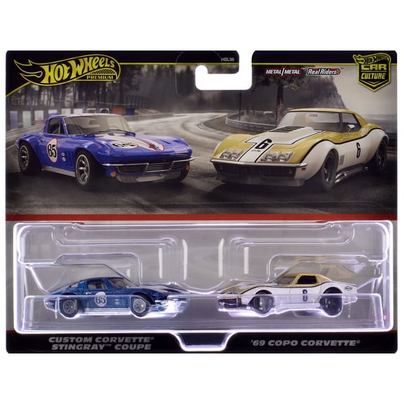 Chevrolet Corvette Stingray Coupe #65 Blue Met with White & 1969 Chevrolet #6 Gold Met & White Diecast Model Cars by Hot Wheels