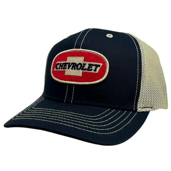 Chevrolet GM Men's Trucker Hat Bow Tie Embroidered Felt Patch Retro Snapback Cap (Navy/Cream)