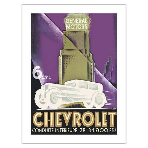 Chevrolet - General Motors Fisher Building - Detroit Michigan - Vintage Automobile Poster by Alfred Cardinaux c.1932 - Fine Art Matte Paper Print (Unframed) 24x32in