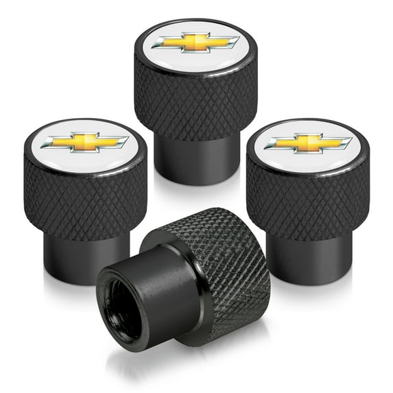 Chevrolet Golden Logo in White on Black Aluminum Tire Valve Stem Caps