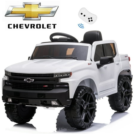 Chevrolet Silverado 12V Powered Ride on Cars for Kids, Remote Control, LED Light, MP3 Player, Electric Ride on Toys Truck for Boys Girls Gifts, White