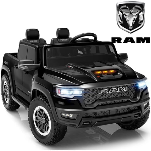 RAM 24V Ride on Cars for Kids, RAM 1500 RHO 2 Seat Battery Powered Ride on Toys with Remote Control, 4 Wheels Suspension Trunk, LED Light, MP3 Player, Electric Car for Kids Boy Girl Gift, Black