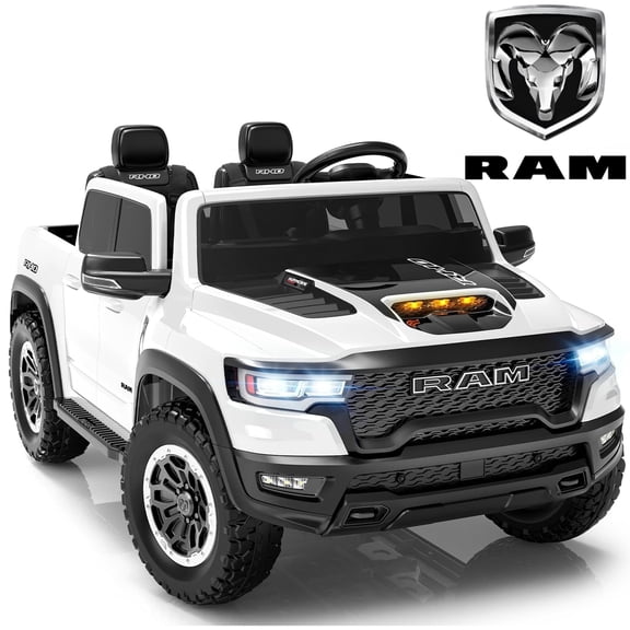 RAM 24V Ride on Cars for Kids, RAM 1500 RHO 2 Seat Battery Powered Ride on Toys with Remote Control, 4 Wheels Suspension Trunk, LED Light, MP3 Player, Electric Car for Kids Boy Girl Gift, White