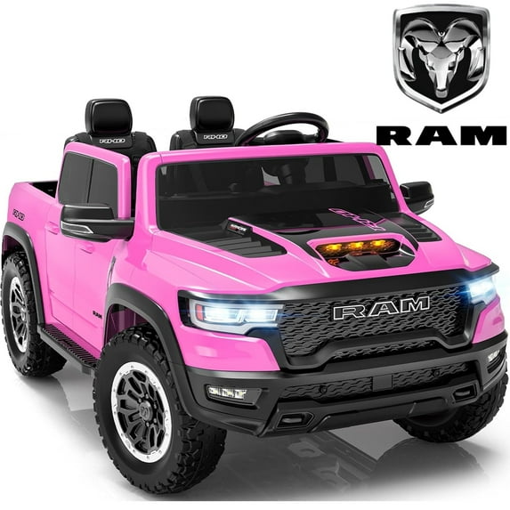 RAM 24V Ride on Cars for Tow Kids, RAM 1500 RHO 2 Seat Battery Powered Ride on Toys with Remote Control, 4 Wheels Suspension Trunk, LED Light, MP3 Player, Electric Car for Kids Boy Girl Gift, Pink