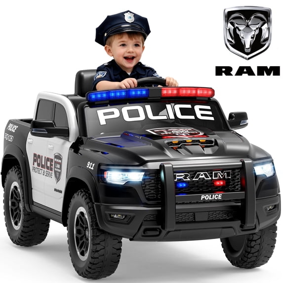 RAM 1500 Ride on Truck Cars, 12V Powered Ride on Toys with Remote Control, 4 Wheel Suspension Electric Cars for 3-5 Yrs Boy Girl W/Key Switch, Safety Belt, Music, Bluetooth, LED, Black Police Truck