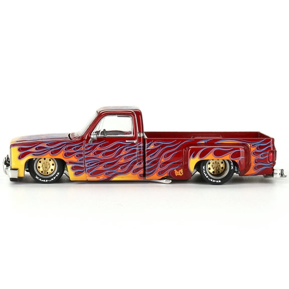 Chevrolet Silverado Dually Pickup Truck "On Fire V1" Red Metallic with Flames and Red Interior 1/64 Diecast Model Car by Mini GT