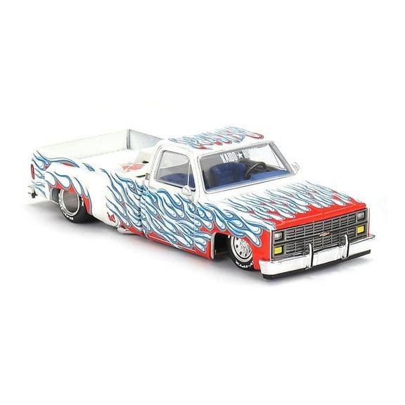 Chevrolet Silverado Dually Pickup Truck "On Fire V2" White Met w/Blue Flames and Blue Interior 1/64 Diecast Model Car by Mini GT