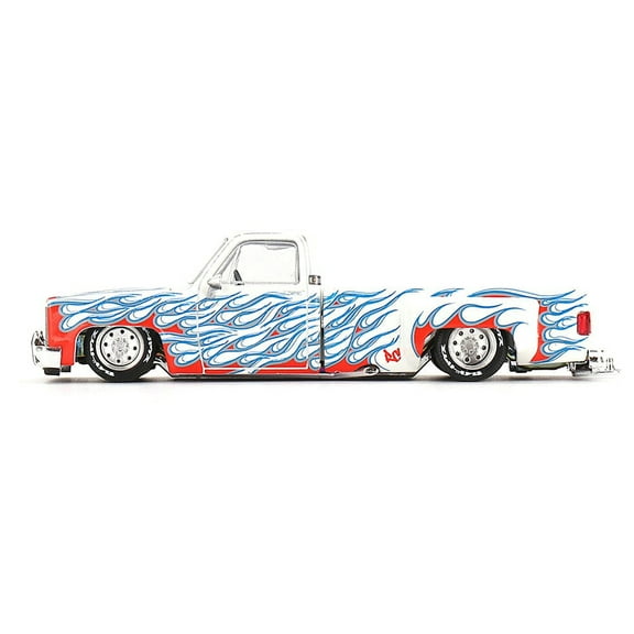 Chevrolet Silverado Dually Pickup Truck "On Fire V2" White Metallic with Blue Flames and Blue Interior (Designed by Jun Imai) "Kaido House" Special 1/64 Diecast Model Car by Mini GT