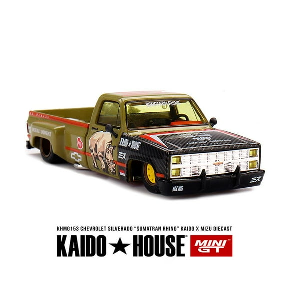 Chevrolet Silverado Dually Truck Tan and Carbon with Graphics "Kaido House" Special 1/64 Diecast Model Car by Mini GT