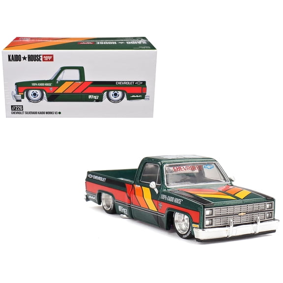 Chevrolet Silverado Truck "Kaido Works V3" Dark Green Metallic w/Graphics Kaido House Special 1/64 Diecast Model Car by Mini GT