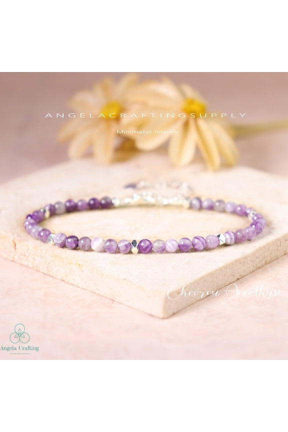 Chevron Amethyst 3-3.5mm Round Shape Smooth Cut Beads 7 inch adjustable Silver Plated Clasp Bracelet for men, women, unisex. Link Chain Stacking Bracelet.|LINK_01929