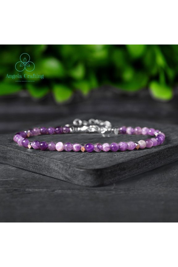 Chevron Amethyst 3.5mm Round Shape Smooth Cut Beads 7 inch adjustable Silver Plated Clasp Bracelet for men, women, unisex. Link Chain Stacking Bracelet.|LINK_01928
