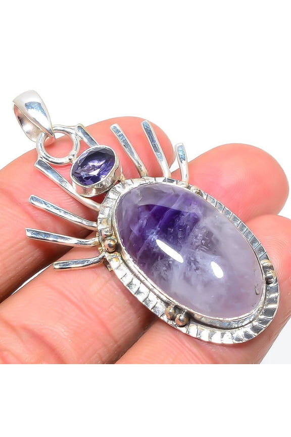 Chevron Amethyst & Amethyst 925 Sterling Silver Pendant 2.2"|Handmade Pendant, Gift for her, Purple Pendant, Gemstone Silver Jewelry