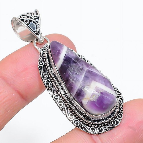 Chevron Amethyst Gemstone Pendant 925 Sterling Silver Jewelry 2.17"