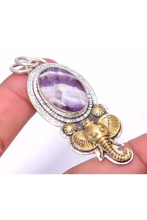 Chevron Amethyst - Mashamba 925 Silver Plated Lord Ganesh Pendant 2.34" P24_14, Valentine's Day Gift, Birthday Gift, Beautiful Jewelry For Woman