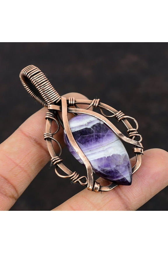 Chevron Amethyst Wire Wrapped Pendant Handcrafted Copper Holiday Jewelry 2.76"