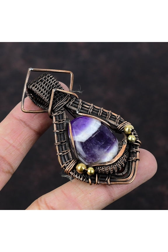 Chevron Amethyst Wire Wrapped Pendant Handcrafted Copper Holiday Jewelry 2.91"
