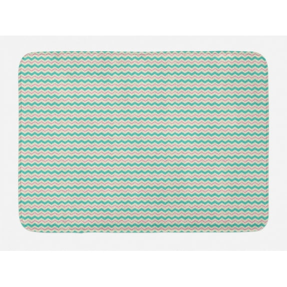 Chevron Bath Mat, Zigzag Stripes with Pastel Colors Hand Drawn Geometric Illustration, Plush Bathroom Decor Mat with Non Slip Backing, 29.5" X 17.5", Turquoise Pink and Ivory, by Ambesonne