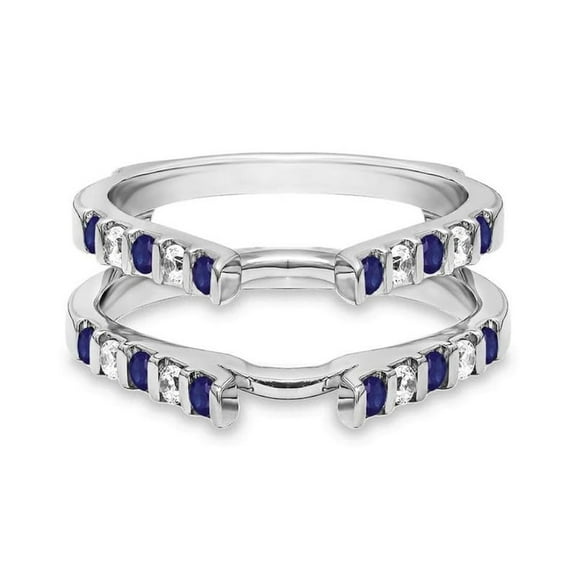 Chevron Blue Sapphire & Diamond Accent Double Band Ring in Sterling Silver – Stackable Wedding Enhancer