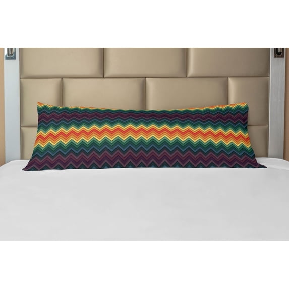 Chevron Body Pillow Case Cover with Zipper, Colorful Zigzag Design Classical Arrangement of Lines Repeating Traditional Pattern, Decorative Accent Long Pillowcase, Multicolor, by Ambesonne