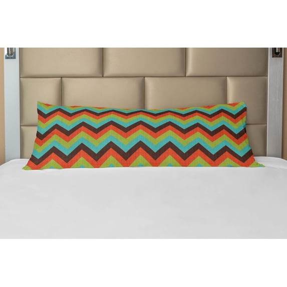 Chevron Body Pillow Case Cover with Zipper, Vintage Zigzag Pattern Royal Jagged Regular Limitless Simple Traces Art Work, Decorative Accent Long Pillowcase, Multicolor, by Ambesonne