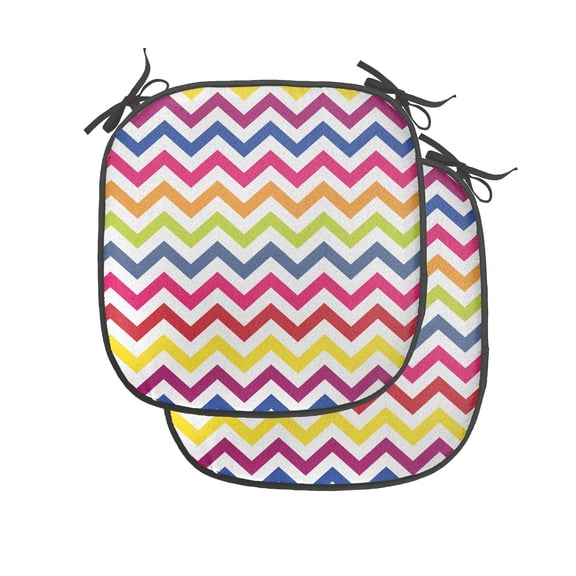 Chevron Chair Seating Cushion Set of 2, Chevron Pattern Colorful Rainbow Inspired Fun Enjoyment Design, Seat Pads for Office with Anti-slip Backing, 16"x16", Multicolor, by Ambesonne