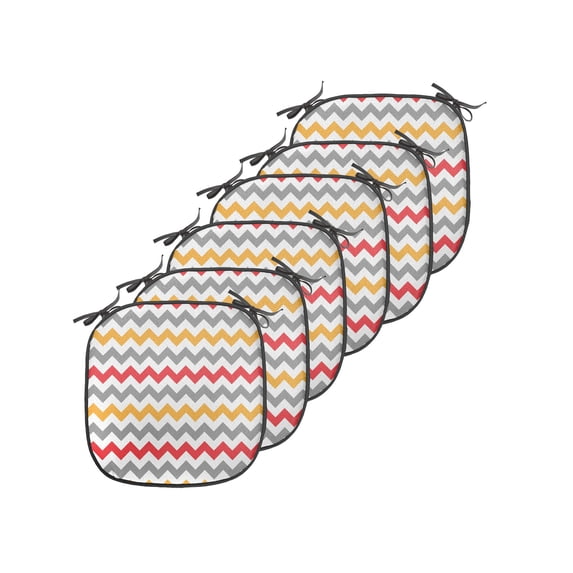 Chevron Chair Seating Cushion Set of 6, Retro Chevron Pattern Abstract Waves Happiness Contrasting Colors Creativity, Seat Pads with Anti-slip Backing, 16"x16", Grey Marigold Red, by Ambesonne