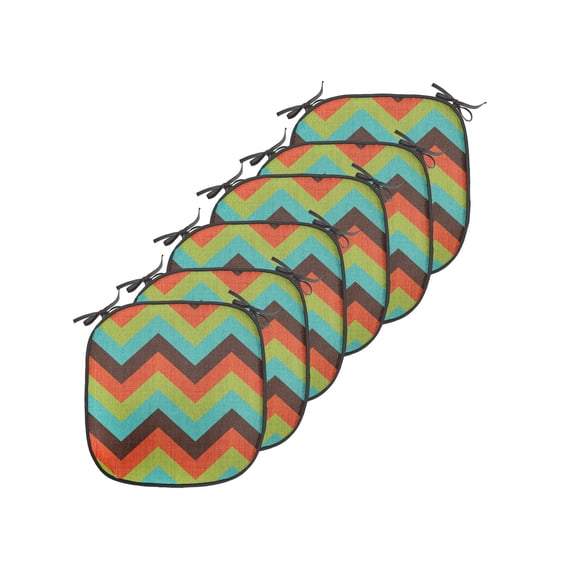 Chevron Chair Seating Cushion Set of 6, Vintage Zigzag Pattern Royal Jagged Regular Limitless Simple Traces Art Work, Seat Pads for Office with Anti-slip Backing, 16"x16", Multicolor, by Ambesonne