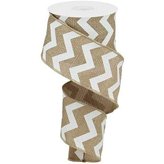Chevron Cross Royal Burlap Wired Edge Ribbon - 2.5" x 10 Yards White, Beige