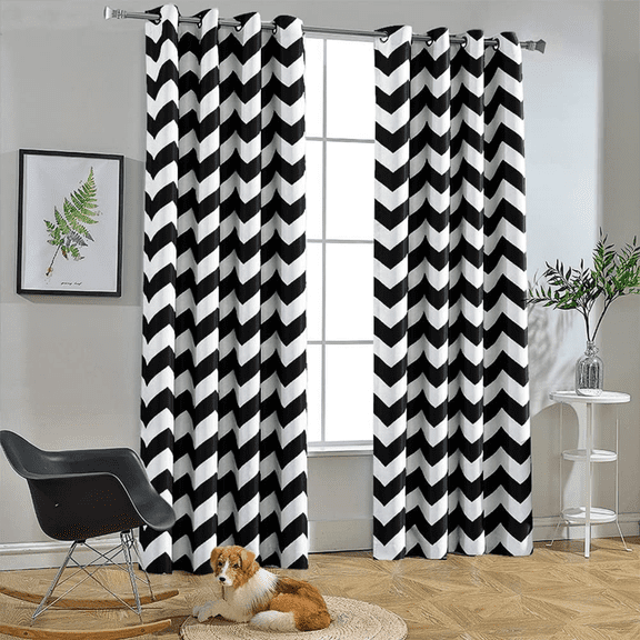 Chevron Curtains for Living Room Dining Room, Darkening Grommet Top Window Drapes Soundproof Thermal Insulated for Bedroom, 84 Inches Long, 52 by 84 Inch, Black and White(1 Panel)