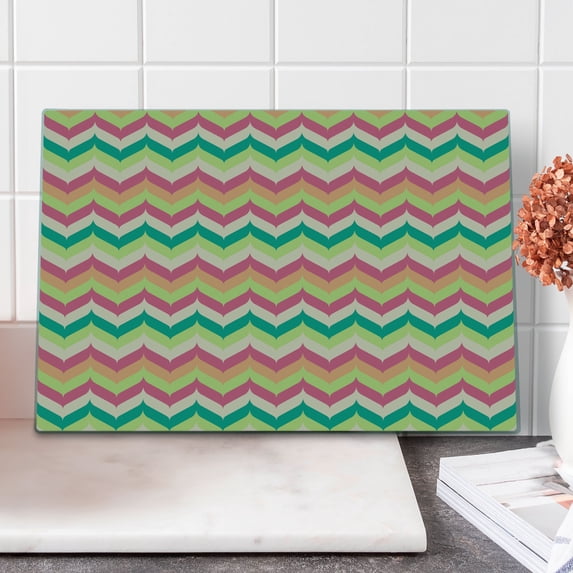 Chevron Cutting Board, Pattern Vintage Style down Backward Strokes Like Leaf Funk Art Style 60's Theme, Decorative Tempered Glass Cutting and Serving Board, Large Size, Multicolor, by Ambesonne