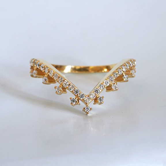 Chevron Delicate Inset Moissanite Minimalist Thin Band Ring Handmade Dainty Stacking Gemstone Alternative Vintage Women Ring In 18K Yellow Gold Over Silver