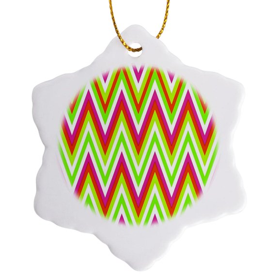 3drose, Chevron Design in Green Lime Red Pink Zigzags, 3 inch Snowflake Porcelain Ornament