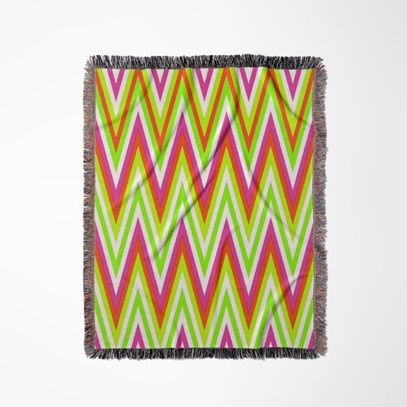 Chevron Design In Green Lime Red Pink Zigzags, Woven Blanket