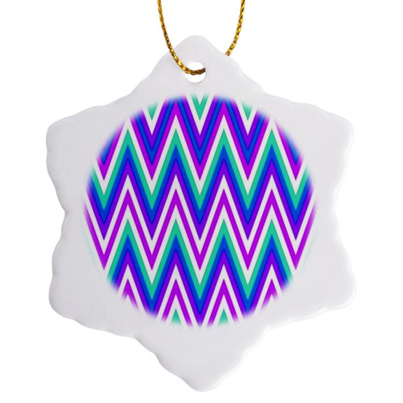 3drose, Chevron Design in Green Purple Pınk and White Zigzags, 3 inch Snowflake Porcelain Ornament