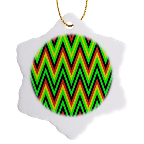 3drose, Chevron Design in Green Yellow Red Zigzags, 3 inch Snowflake Porcelain Ornament