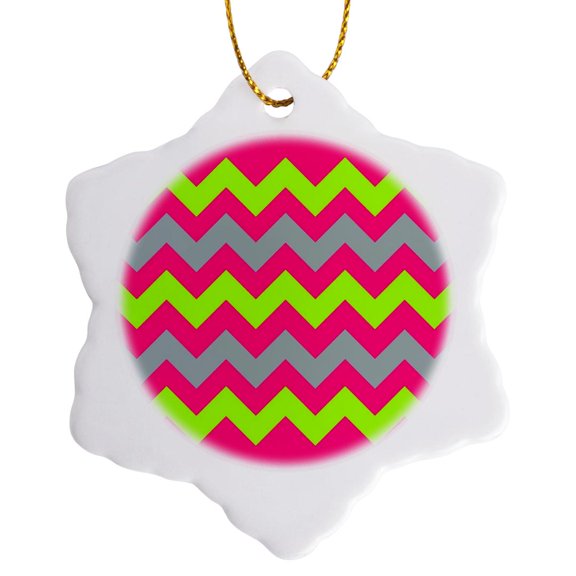 3drose, Chevron Design in Pink Yellow Grey Zigzags, 3 inch Snowflake Porcelain Ornament